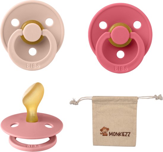 Bibs Dental fopspenen Anatomical 6-18 maanden- Set 3 stuks- Coral, Dusty Pink, Blush + Monkiezz speenzakje - orthodontisch- Anatomisch- Maat 2 van Merkloos