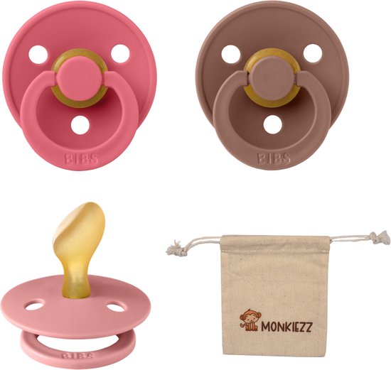 Bibs Dental fopspenen Anatomical 6-18 maanden- Set 3 stuks- Coral , Dusty Pink, Woodchuck + Monkiezz speenzakje - orthodontisch- Anatomisch- Maat 2