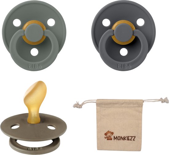 Bibs Dental fopspenen Anatomical 6-18 maanden- Set 3 stuks- Dark Oak, Iron, Pine + Monkiezz speenzakje - orthodontisch- Anatomisch- Maat 2 van BIBS