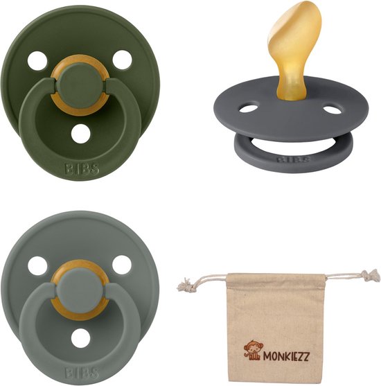 Bibs Dental fopspenen Anatomical 6-18 maanden- Set 3 stuks- Hunter Green, Iron, Pine- + Monkiezz speenzakje - orthodontisch- Anatomisch- Maat 2 van BIBS