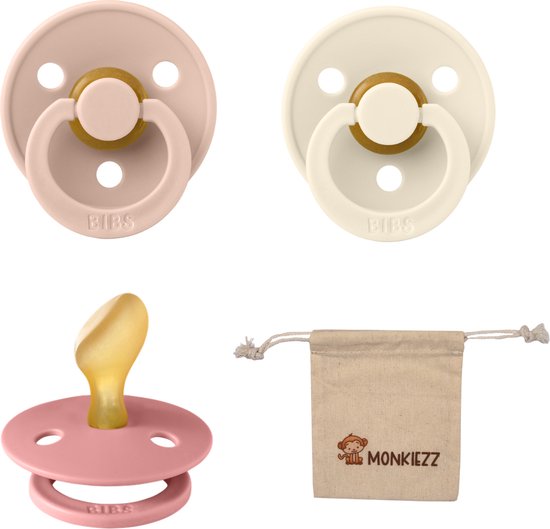 Bibs Dental fopspenen Anatomical 6-18 maanden- Set 3 stuks- Ivory, Blush, Dusty Pink + Monkiezz speenzakje - orthodontisch- Anatomisch- Maat 2 van Merkloos