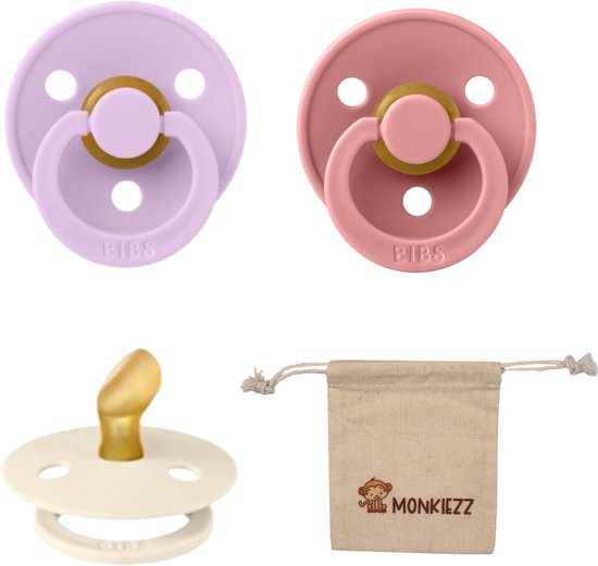 Bibs Dental fopspenen Anatomical 6-18 maanden- Set 3 stuks- Ivory , Dusty Pink, Violet Sky + Monkiezz speenzakje - orthodontisch- Anatomisch- Maat 2