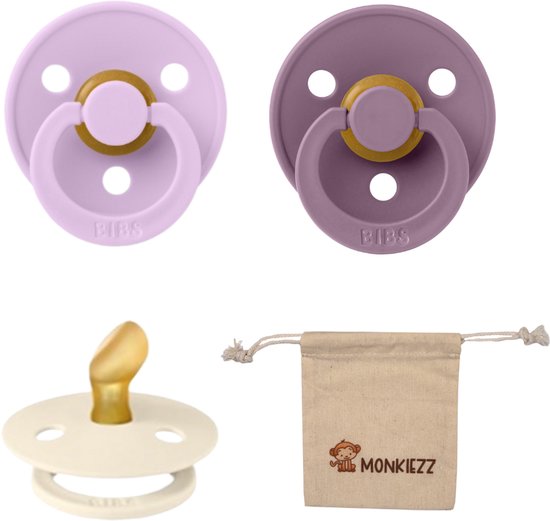Bibs Dental fopspenen Anatomical 6-18 maanden- Set 3 stuks- Ivory , Mauve, Violet Sky + Monkiezz speenzakje - orthodontisch- Anatomisch- Maat 2 van BIBS