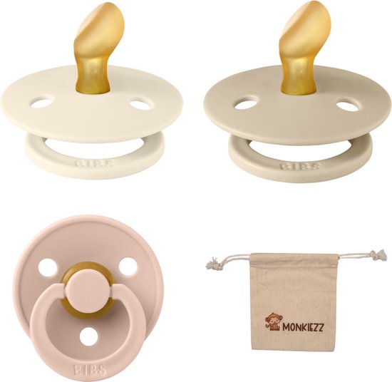 Bibs Dental fopspenen Anatomical 6-18 maanden- Set 3 stuks- Ivory, Vanilla, Blush - + Monkiezz speenzakje - orthodontisch- Anatomisch- Maat 2 van Bibs
