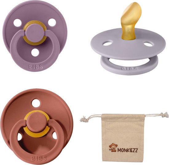 Bibs Dental fopspenen Anatomical 6-18 maanden- Set 3 stuks- Mauve, Fossil Grey, Woodchuck - + Monkiezz speenzakje - orthodontisch- Anatomisch- Maat 2 van BIBS