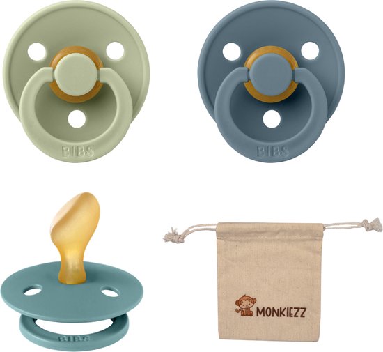 Bibs Dental fopspenen Anatomical 6-18 maanden- Set 3 stuks- Sage , Petrol, Island Sea + Monkiezz speenzakje - orthodontisch- Anatomisch- Maat 2