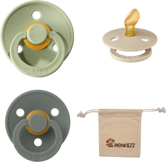 Bibs Dental fopspenen Anatomical 6-18 maanden- Set 3 stuks- Sage, Vanilla, Pine- + Monkiezz speenzakje - orthodontisch- Anatomisch- Maat 2 van Bibs