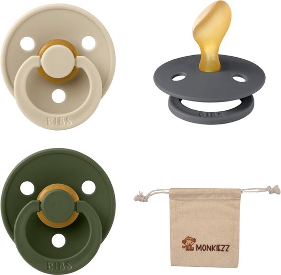Bibs Dental fopspenen Anatomical 6-18 maanden- Set 3 stuks- Vanilla, Iron, Hunter Green - + Monkiezz speenzakje - orthodontisch- Anatomisch- Maat 2 van Bibs