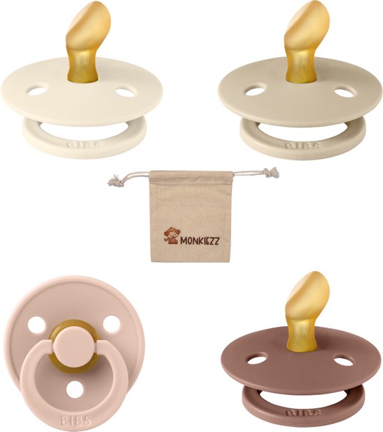 Bibs Dental fopspenen Anatomical 6-18 maanden- Set 4 stuks- Ivory, Vanilla, Blush, Woodchuck- + Monkiezz speenzakje - orthodontisch- Anatomisch- Maat 2 van Bibs
