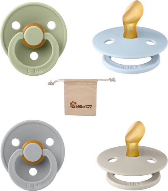 Bibs Dental fopspenen Anatomical 6-18 maanden- Set 4 stuks- Sage, Baby Blue, Cloud en Sand - + Monkiezz speenzakje - orthodontisch- Anatomisch- Maat 2 van Bibs