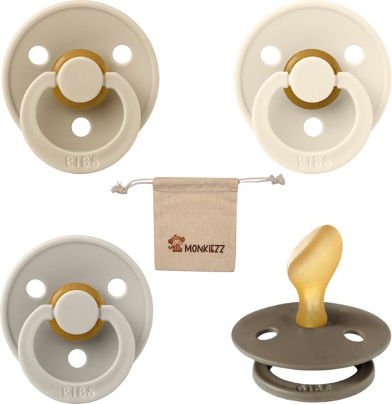 Bibs Dental fopspenen Anatomical 6-18 maanden- Set 4 stuks- Vanilla, Ivory, Sand, Dark Oak + Monkiezz speenzakje - orthodontisch- Anatomisch- Maat 2 van BIBS