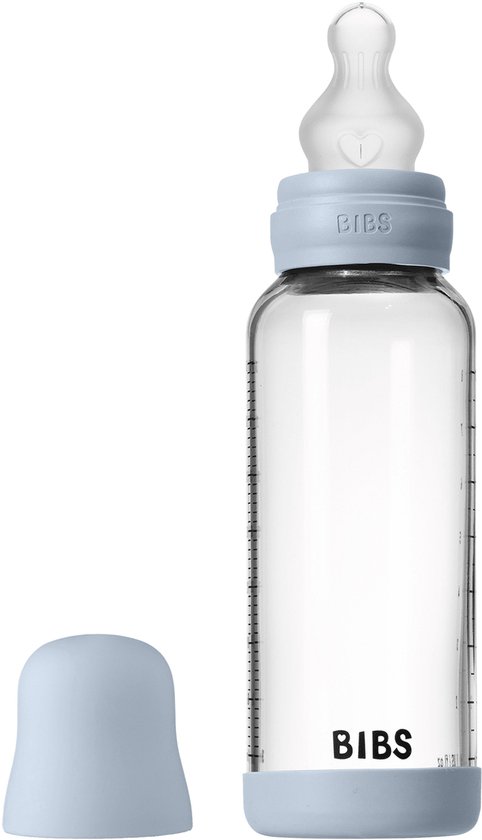 BIBS Fles - Medium Flow - 240 ml - Silicone/Glas - Baby Blue