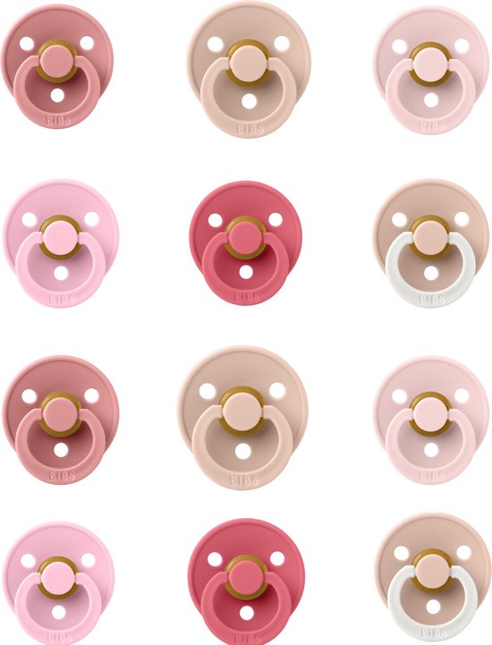 Bibs fopspeen 0-18 maand set 12 stuks, Dusty Pink,Baby Pink,Blossom,Blush,Coral en Blush Glow maat 1 & 2 van BIBS
