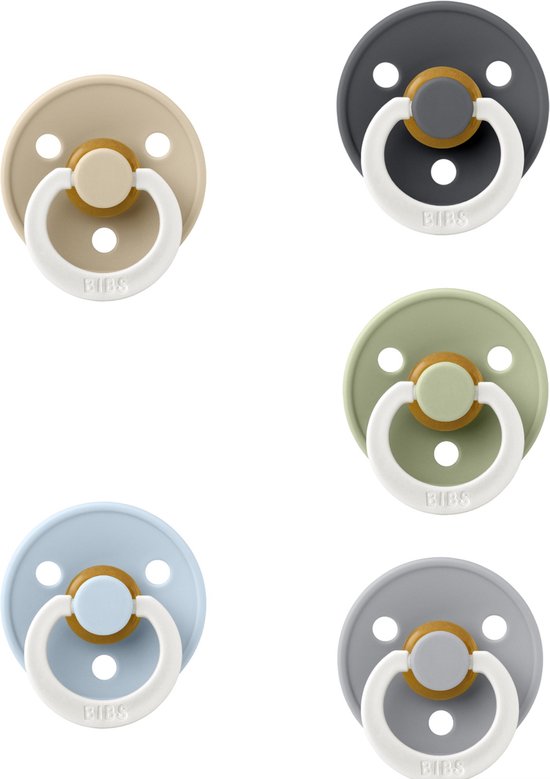 Bibs fopspeen 0-6 maand set 5 stuks Iron Glow,Vanilla Glow,Sage Glow,Cloud Glow en Baby Blue Glow maat 1 van Bibs