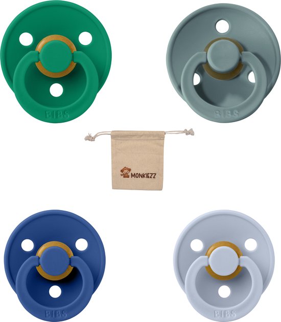 Bibs fopspeen 0-6 maanden|Set 4 stuks|Evergreen, Island sea, Cornflower en Dusty Blue + Monkiezz speenzakje|Maat 1 van Bibs