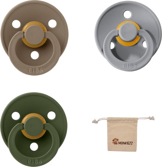 Bibs fopspeen - maat 1 0-6 maanden - 3 stuks – Dark Oak – Hunter Green – Cloud + Monkiezz speenzakje van Bibs