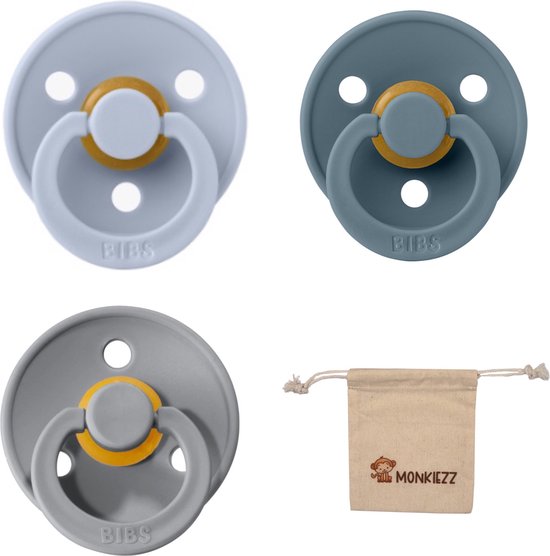 Bibs fopspeen - maat 1 0-6 maanden - 3 stuks – Dusty Blue - Petrol - Cloud + Monkiezz speenzakje van Bibs
