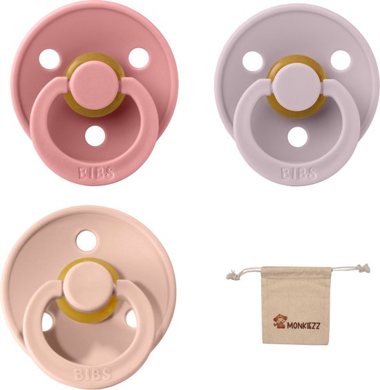 Bibs fopspeen - maat 1 0-6 maanden - 3 stuks – Dusty Pink - Dusky Lilac - Blush + Monkiezz speenzakje van Bibs