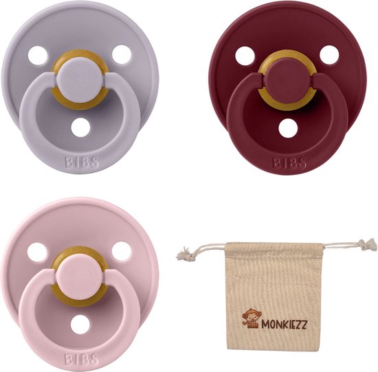 Bibs fopspeen - maat 1 0-6 maanden - 3 stuks – Fossil Grey - Elderberry - Pink Plum + Monkiezz speenzakje van Bibs