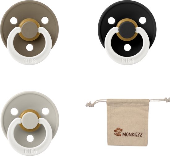 Bibs fopspeen - maat 1 0-6 maanden - 3 stuks – Glow Sand – Glow Black – Glow Dark oak + Monkiezz speenzakje van Bibs