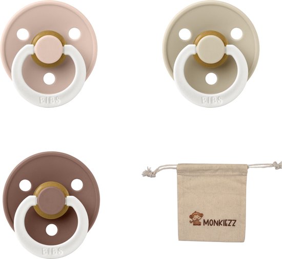 Bibs fopspeen - maat 1 0-6 maanden - 3 stuks – Glow Vanilla - Glow Blush - Glow Woodchuck + Monkiezz speenzakje van Bibs