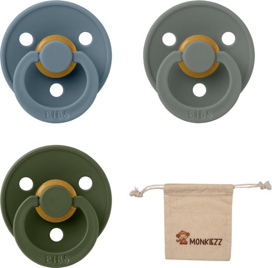 Bibs fopspeen - maat 1 0-6 maanden - 3 stuks – Pine - Petrol - Hunter green + Monkiezz speenzakje van Bibs