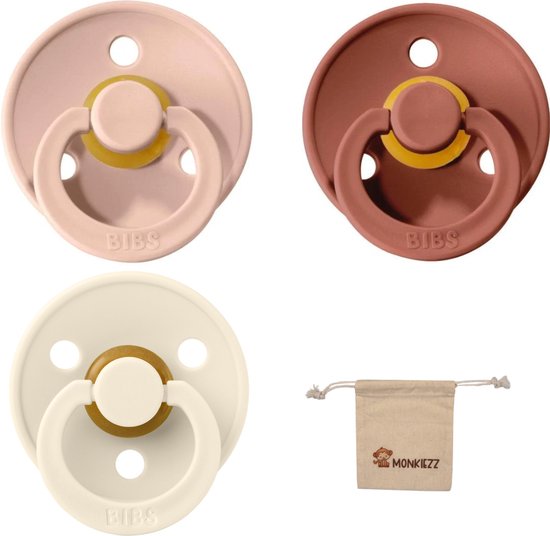 Bibs fopspeen - maat 1 0-6 maanden - 3 stuks – Woodchuck - Blush - Ivory + Monkiezz speenzakje van Bibs