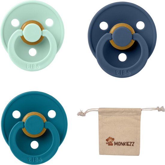 Bibs fopspeen - maat 1 0-6 maanden - set 3 stuks – Nordic Mint - Steel Blue - Island Sea + Monkiezz speenzakje van Bibs