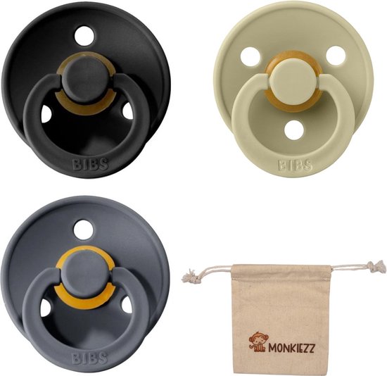Bibs fopspeen - maat 2 6-18 maanden - 3 stuks – Black - Khaki - Iron + Monkiezz speenzakje van Bibs