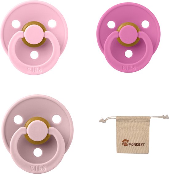 Bibs fopspeen - maat 2 6-18 maanden - 3 stuks – Bubblegum – Baby Pink – Blush + Monkiezz speenzakje van Bibs