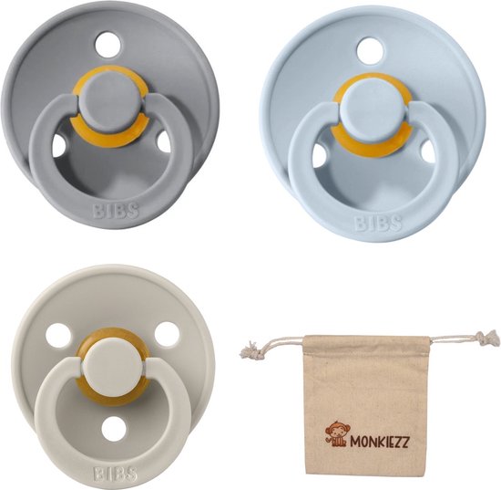 Bibs fopspeen - maat 2 6-18 maanden - 3 stuks – Cloud - Baby Blue - Sand + Monkiezz speenzakje van Bibs