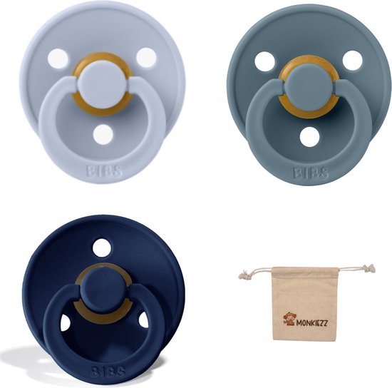 Bibs fopspeen - maat 2 6-18 maanden - 3 stuks – Dusty Blue - Petrol - Deep Space + Monkiezz speenzakje van Bibs
