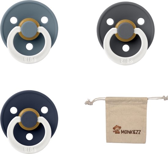 Bibs fopspeen - maat 2 6-18 maanden - 3 stuks – Glow Petrol - Glow Deep space - Glow Iron + Monkiezz speenzakje van Bibs