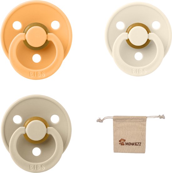 Bibs fopspeen - maat 2 6-18 maanden - 3 stuks – Ivory – Vanilla – Sunkissed + Monkiezz speenzakje van Merkloos