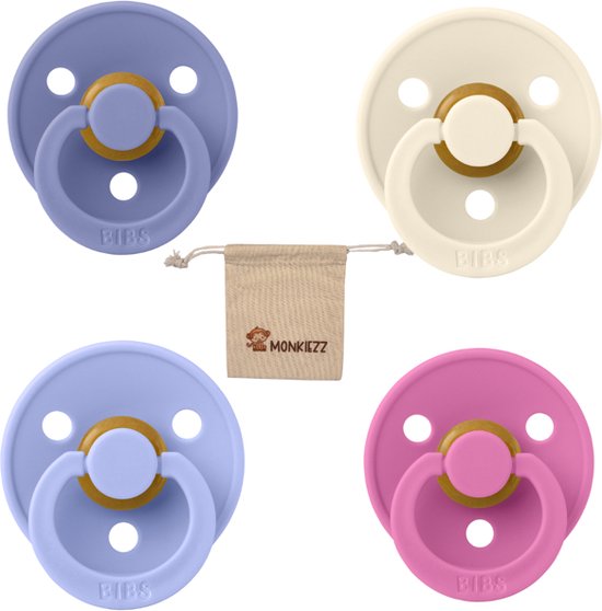 Bibs fopspeen - maat 2 6-18 maanden - 4 stuks – Ivory - Bubblegum – Peri – Hush + Monkiezz speenzakje van Bibs