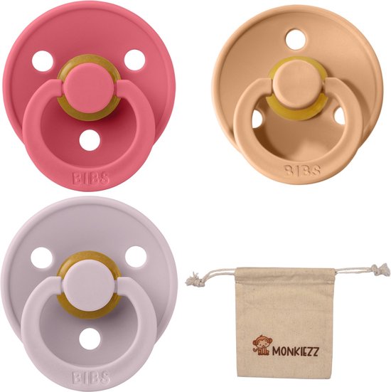 Bibs fopspeen - maat 2 6-18 maanden - set 3 stuks – Coral - Peach - Dusky Lilac + Monkiezz speenzakje van Bibs