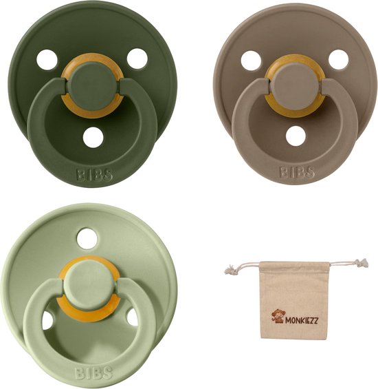 Bibs fopspeen - maat 3 18+ maanden - 3 stuks – Hunter Green - Sage - Dark Oak + Monkiezz speenzakje van Bibs