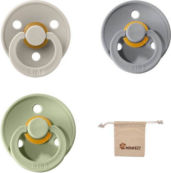Bibs fopspeen - maat 3 18+ maanden - 3 stuks – Sand – Cloud – Sage + Monkiezz speenzakje van Bibs