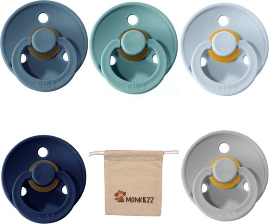 Bibs fopspeen | Met Monkiezz Speenzakje - maat 1 0-6 maanden - 5 stuks - Baby Blue -Deep Space - Island Sea - Cloud - Petrol van Bibs