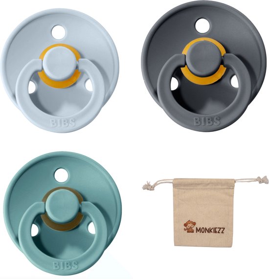 Bibs fopspeen | Met Monkiezz Speenzakje - maat 2 6-18 maanden - 3 stuks - Baby Blue - Iron -Island Sea van Bibs