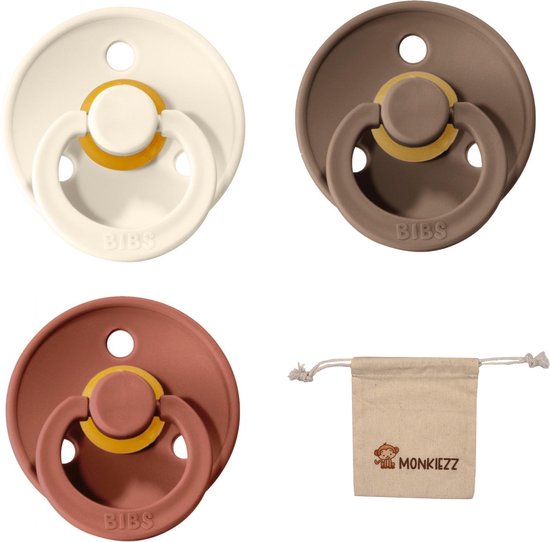 Bibs fopspeen | Met Monkiezz Speenzakje - maat 2 6-18 maanden - 3 stuks - Dark Oak - woodchuck - ivory white van Bibs