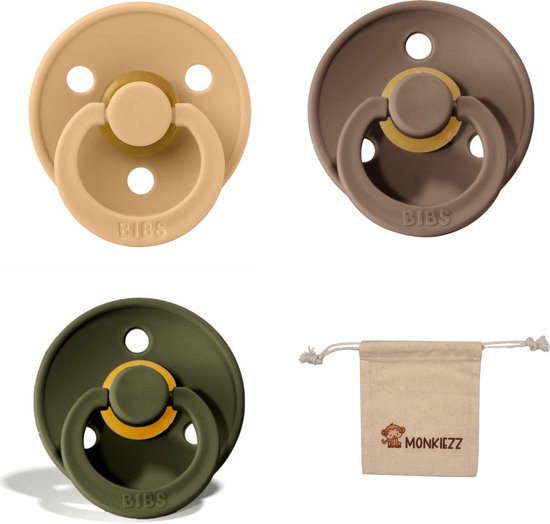 Bibs fopspeen | Met Monkiezz Speenzakje - maat 2 6-18 maanden - 3 stuks - Desert Sand - Dark Oak - Hunter Green van Bibs