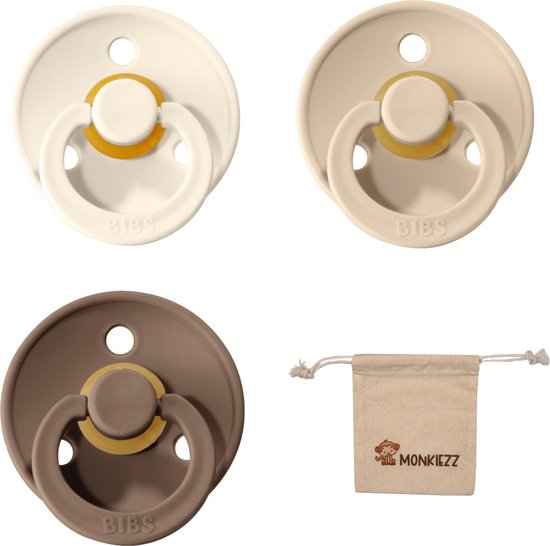 Bibs fopspeen | Met Monkiezz Speenzakje - maat 2 6-18 maanden - 3 stuks - Vanilla - Dark Oak - Ivory White van Bibs
