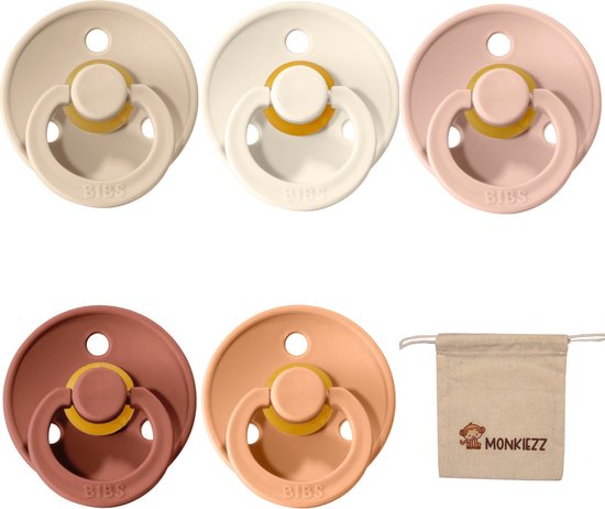 Bibs fopspeen - Met Monkiezz Speenzakje - maat 2 6-18 maanden - 5 stuks - Vanilla - Ivory - Blush - Woodchuck - Peach van BIBS