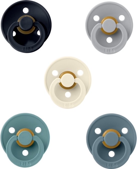 Bibs fopspenen 0-6 maand set 5 stuks Dark Denim, Island Sea,Cloud,Ivory en Petrol maat 1 van Bibs