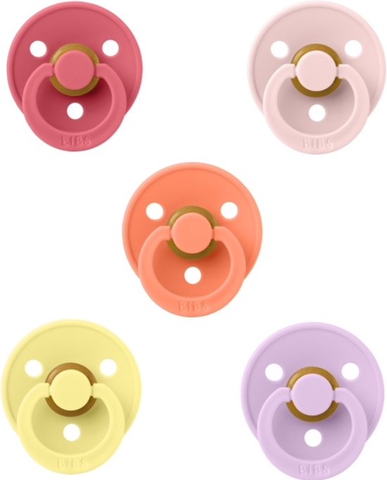 Bibs fopspenen 0-6 maand set 5 stuks Sunshine,Papaya,Blossom,Violet Sky en Coral maat 1 van Bibs