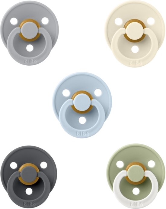 Bibs fopspenen 18+ maand set 5 stuks Cloud,Ivory,Baby Blue,Iron en Night Glow Sage maat 3 van BIBS