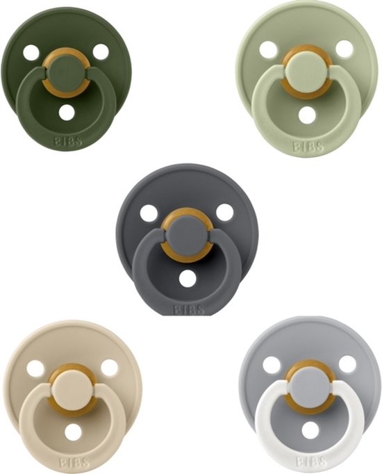 Bibs fopspenen 18+ maand set 5 stuks Hunter Green,Sage,Iron,Vanilla en Night Glow Cloud maat 3 van Bibs