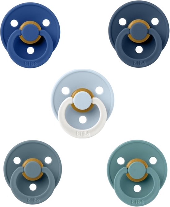 Bibs fopspenen 6-18 maand set 5 stuks Cornflower,Steel Blue,Deep Space,Black en Night Glow Baby Blue maat 2 van Bibs