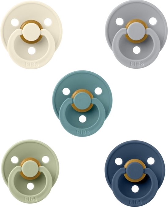 Bibs fopspenen 6-18 maand set 5 stuks Ivory,Cloud,Island Sea ,Sage en Steel Blue maat 2 van Bibs